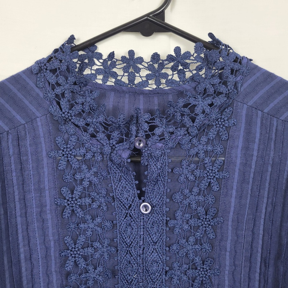 Navy Blue‎ Floral Crochet Lace Trim Striped Button Front Blouse XL - Picture 2 of 6